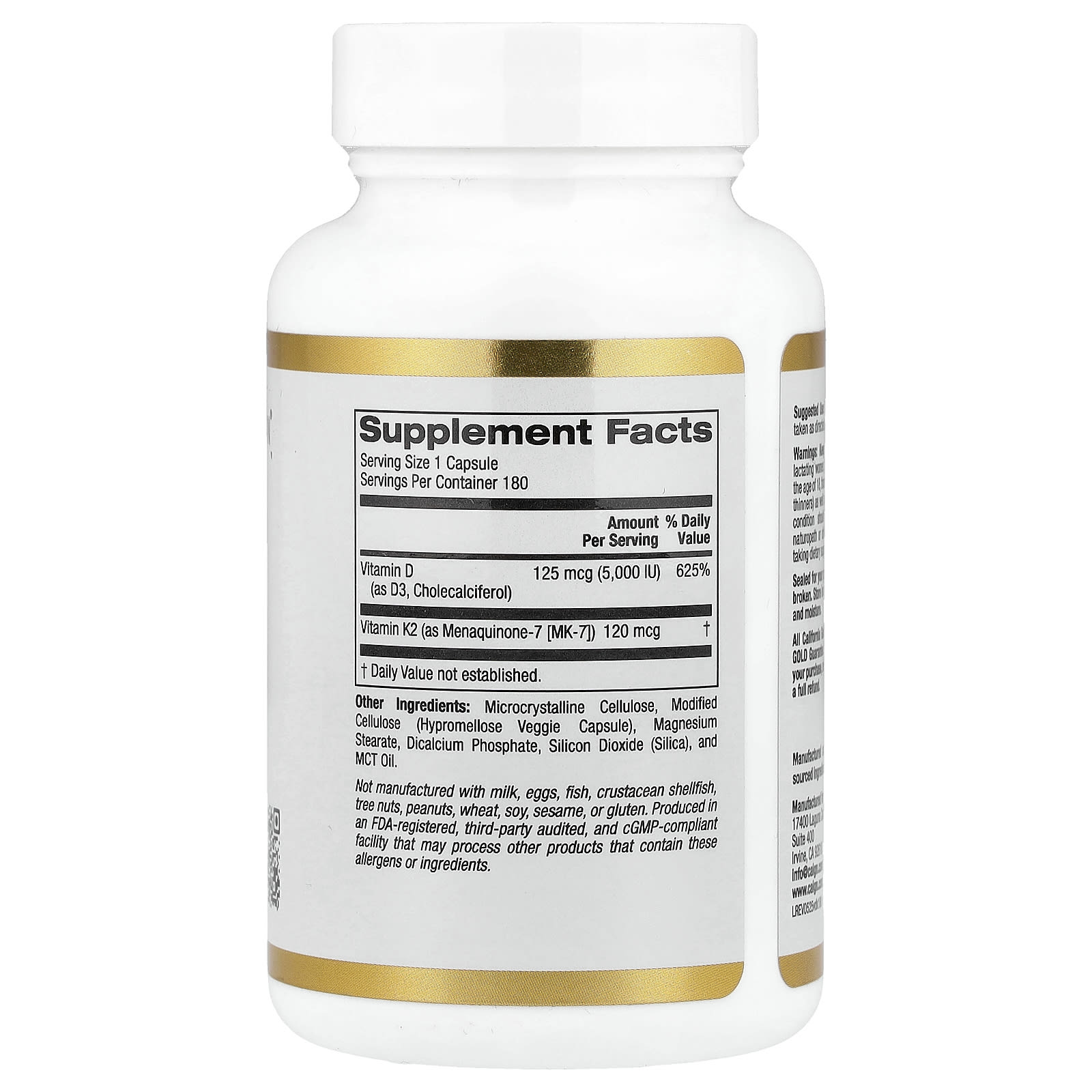 California Gold Nutrition, 維他命 D3 + K2(MK-7),180 粒素食膠囊