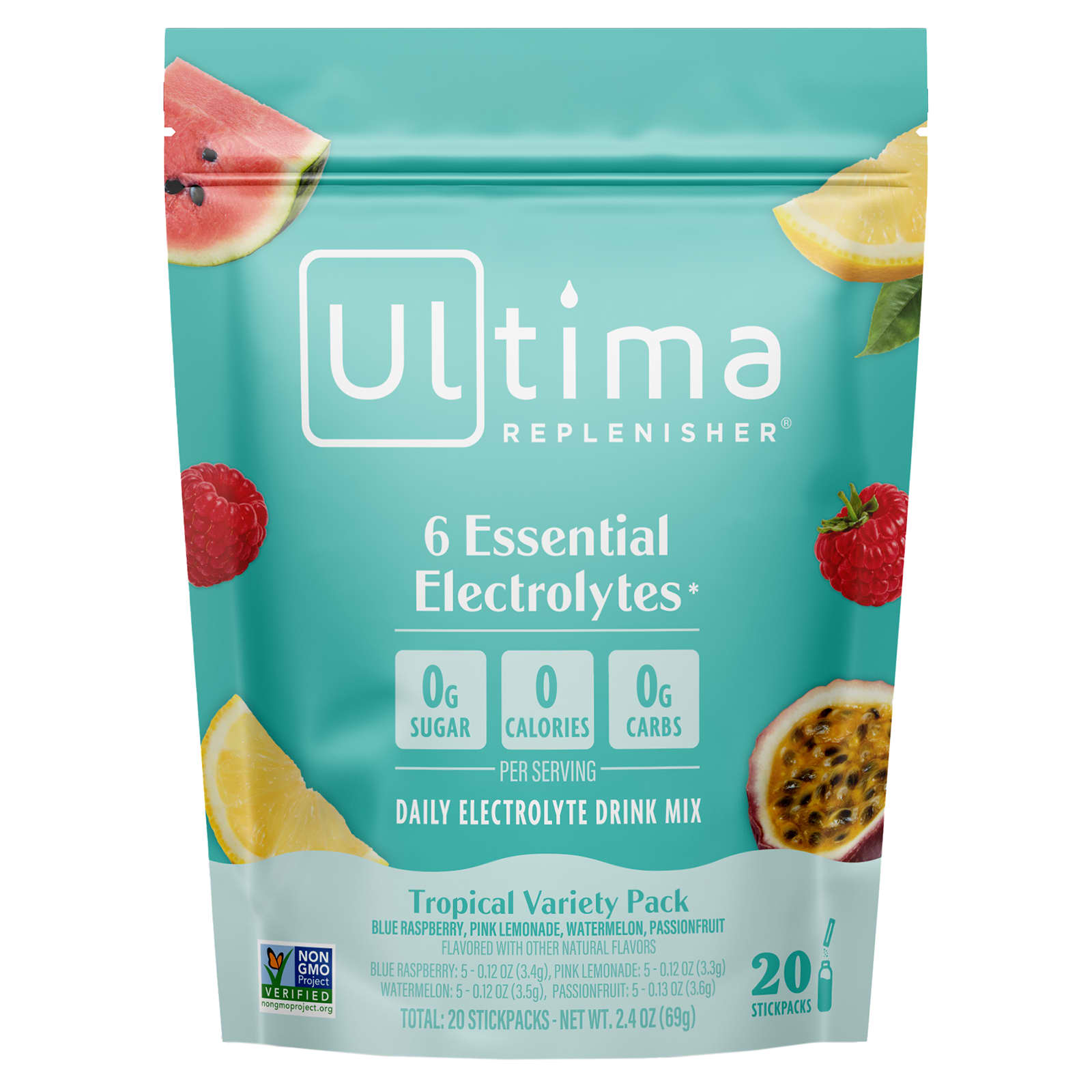 Ultima Replenisher, 6 種必需電解質，每日電解質飲品混合，熱帶風味組合裝，20 支裝，2.4 盎司（69 克）
