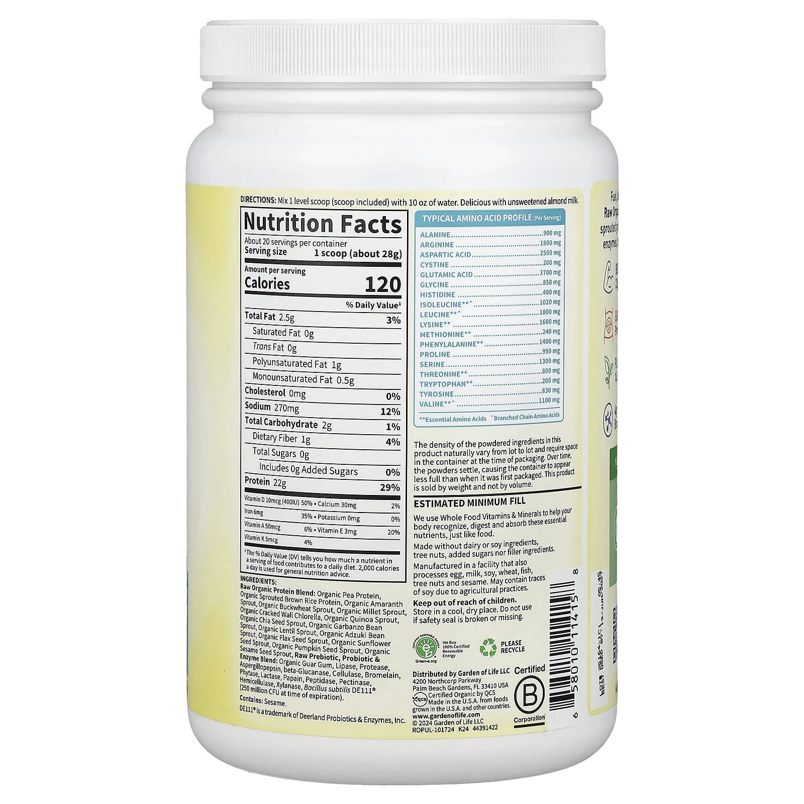 Garden of Life, 未加工有機蛋白質，原味，1 磅 3.75 盎司（560 克）