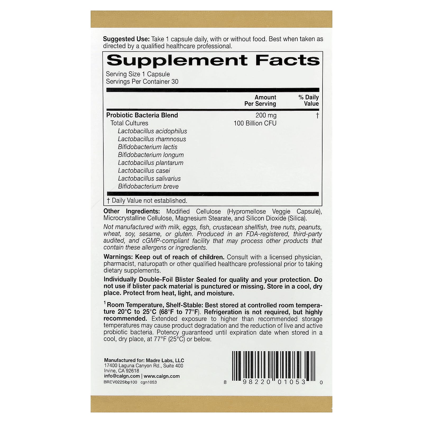 California Gold Nutrition, LactoBif® 100 益生菌,1000 億 CFU,30 粒素食膠囊