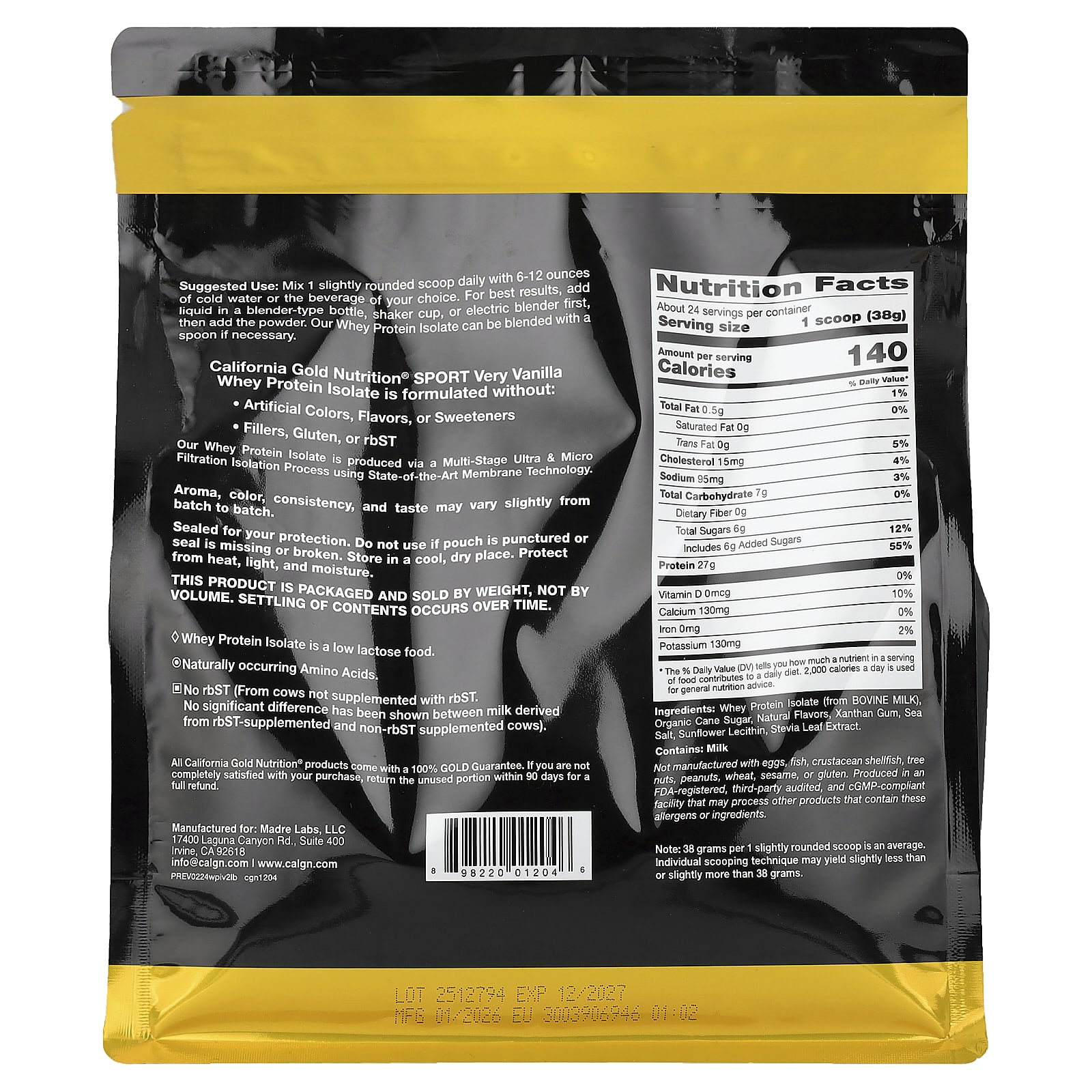 California Gold Nutrition, 運動，分離乳清蛋白，含有機蔗糖和葵花籽卵磷脂，濃鬱香草味，2 磅（907 克）