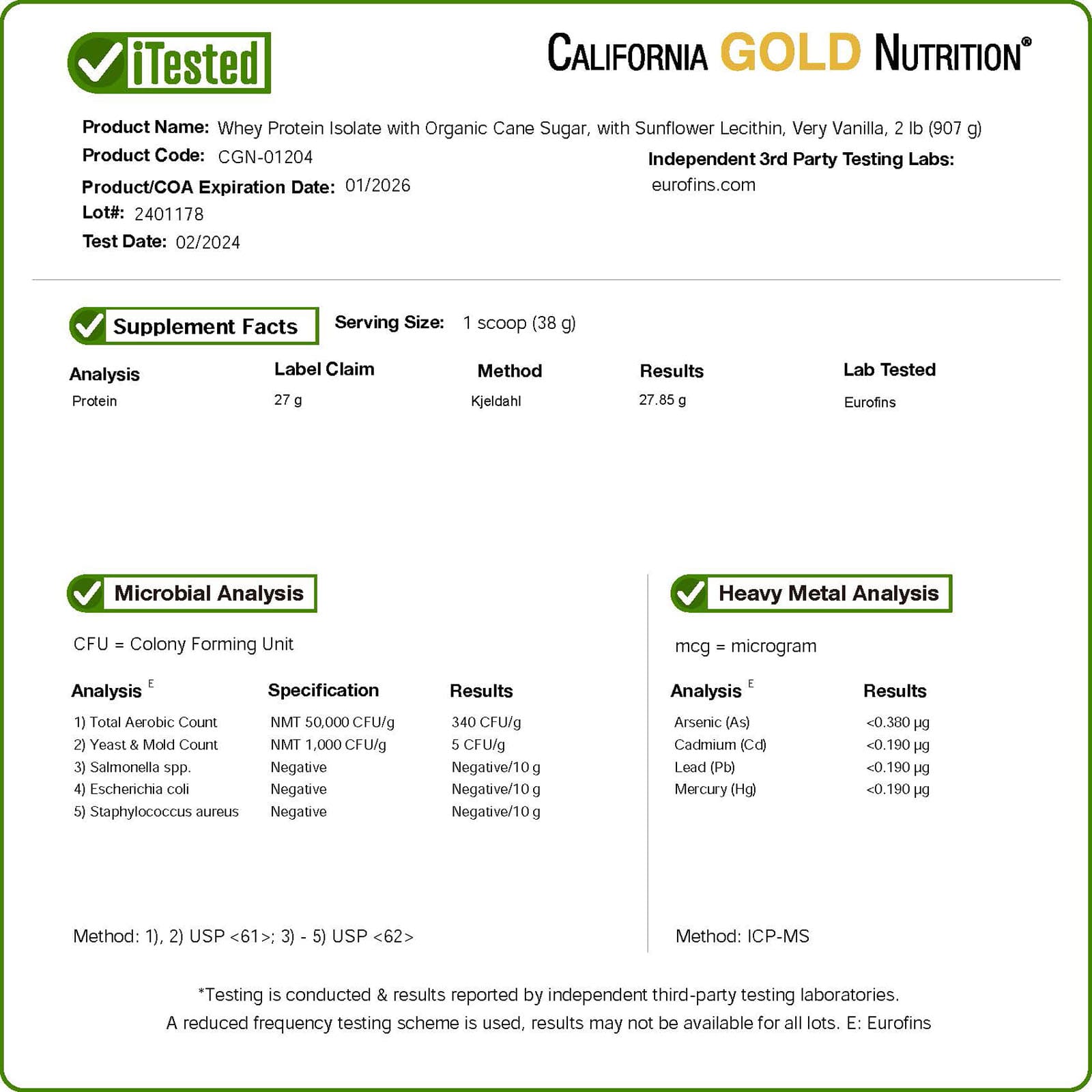 California Gold Nutrition, 運動，分離乳清蛋白，含有機蔗糖和葵花籽卵磷脂，濃鬱香草味，2 磅（907 克）