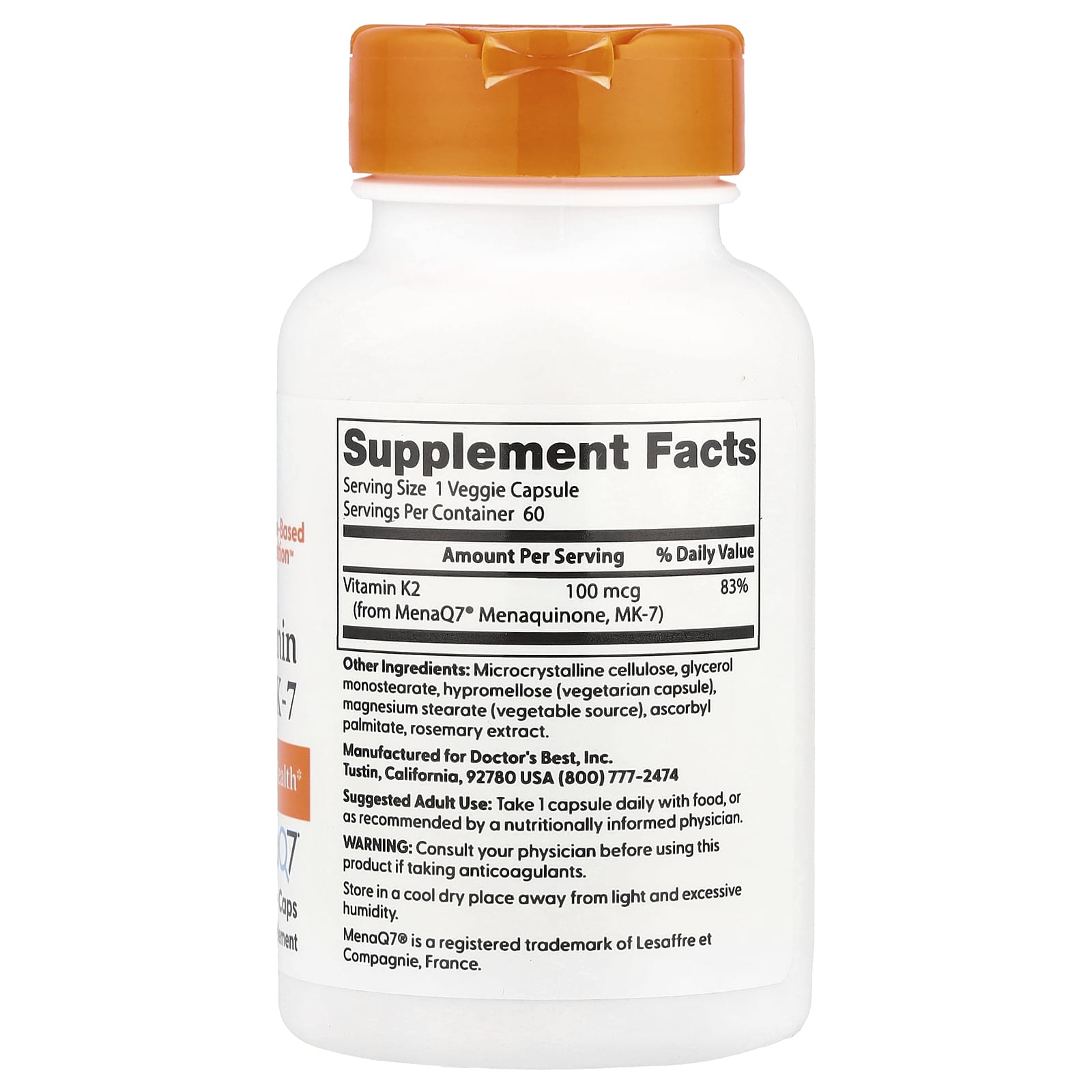 Doctor's Best, 天然維他命 K2 MK-7,含 MenaQ7,100 微克,60 粒素食膠囊