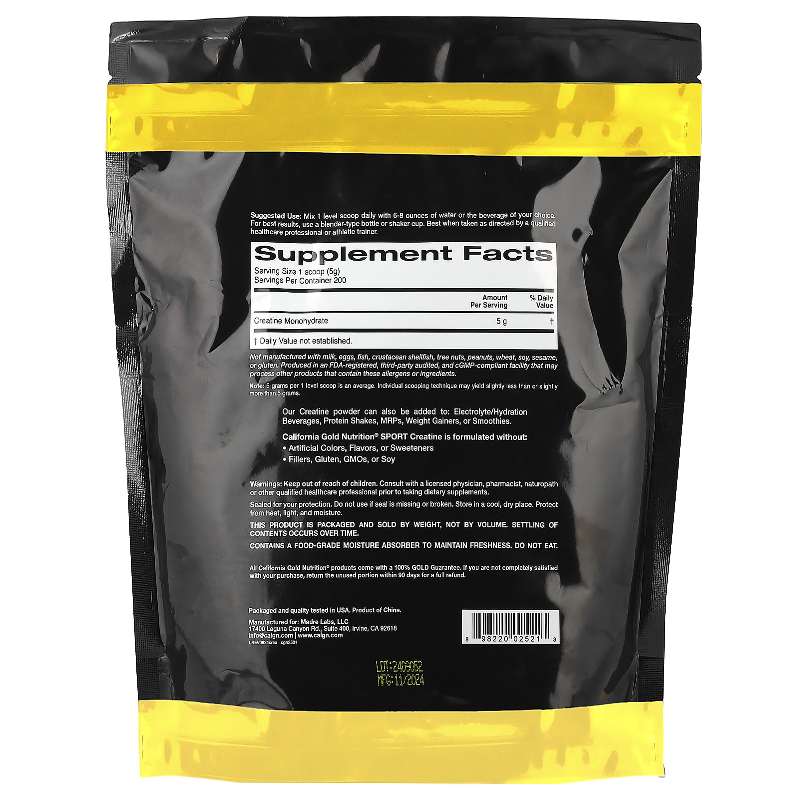 California Gold Nutrition, 運動系列,一水肌酸,原味,2.2 磅(1 千克)